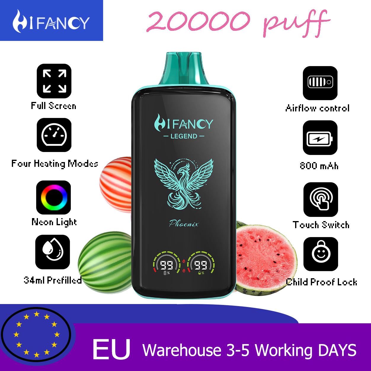 HiFancy Legend 20000 Disposable vape Watermelon Bubblegum - HIFANCY