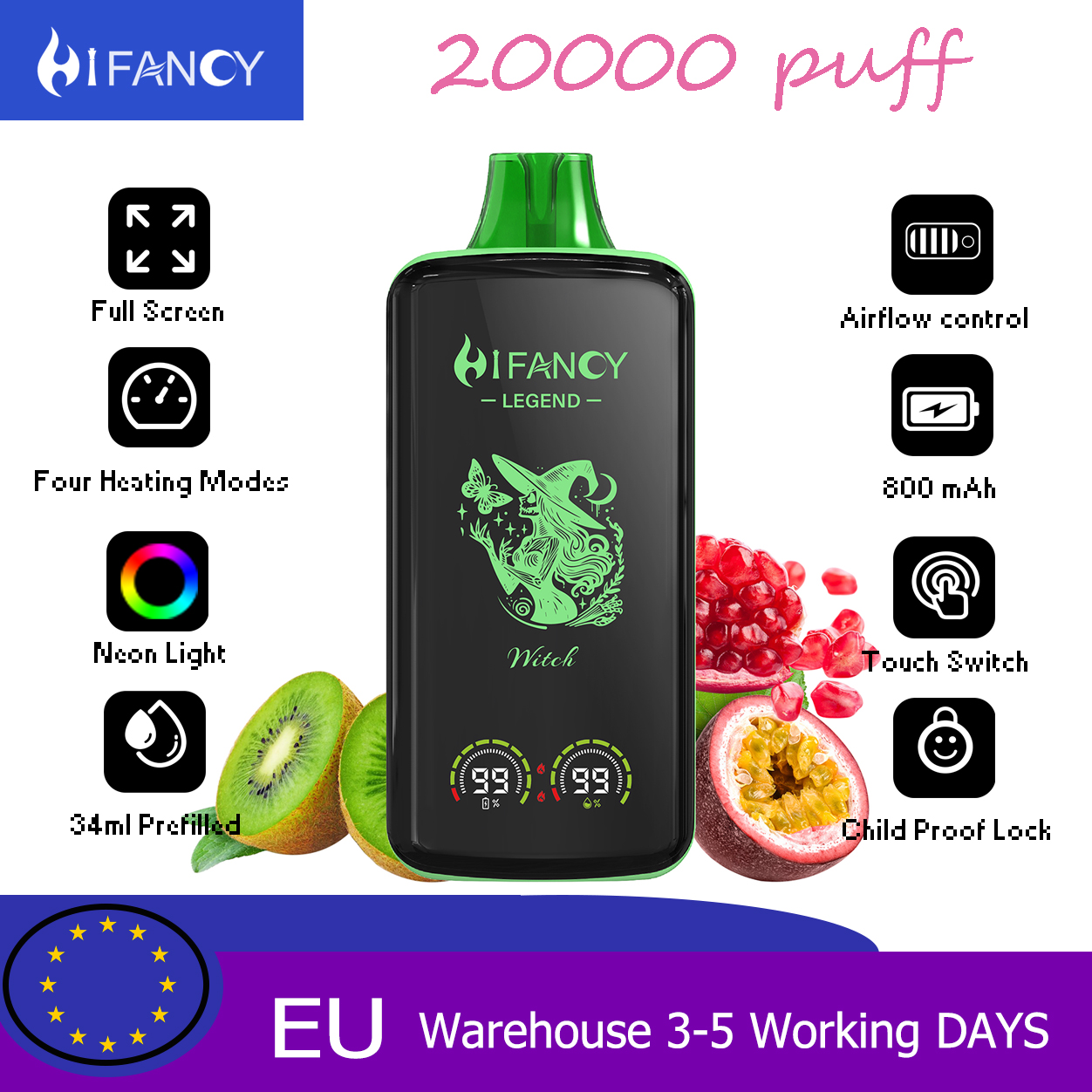 HiFancy Legend 20000 Vape descartável Kiwi Maracujá Goiaba - HIFANCY