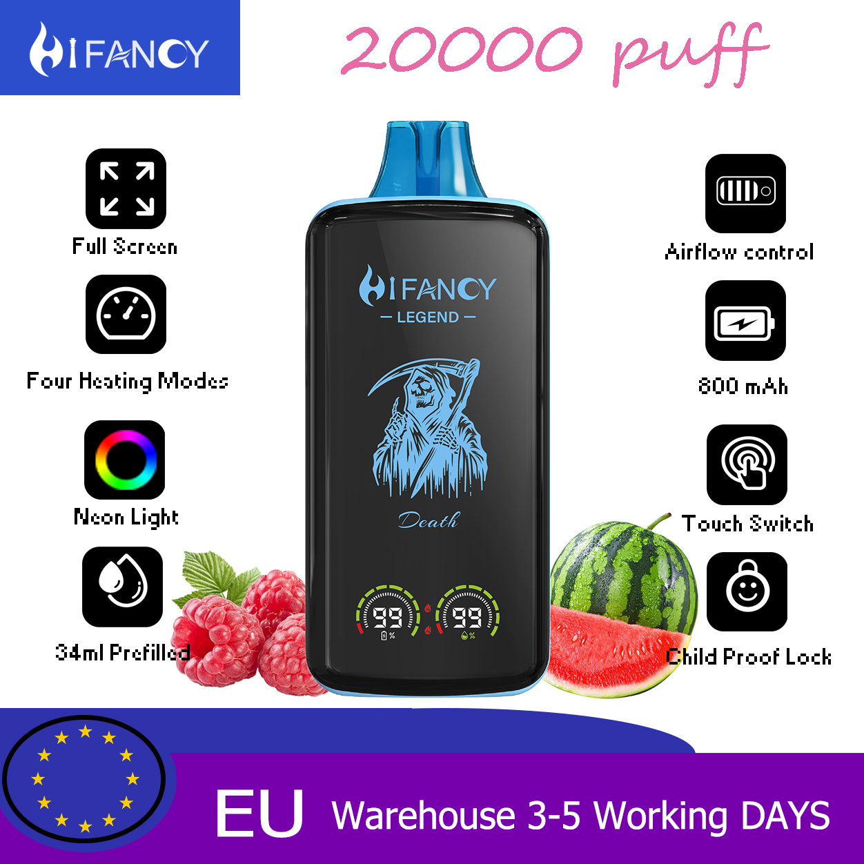 HiFancy Legend 20000 Vape descartável Raspberry Watermelon lce - HIFANCY